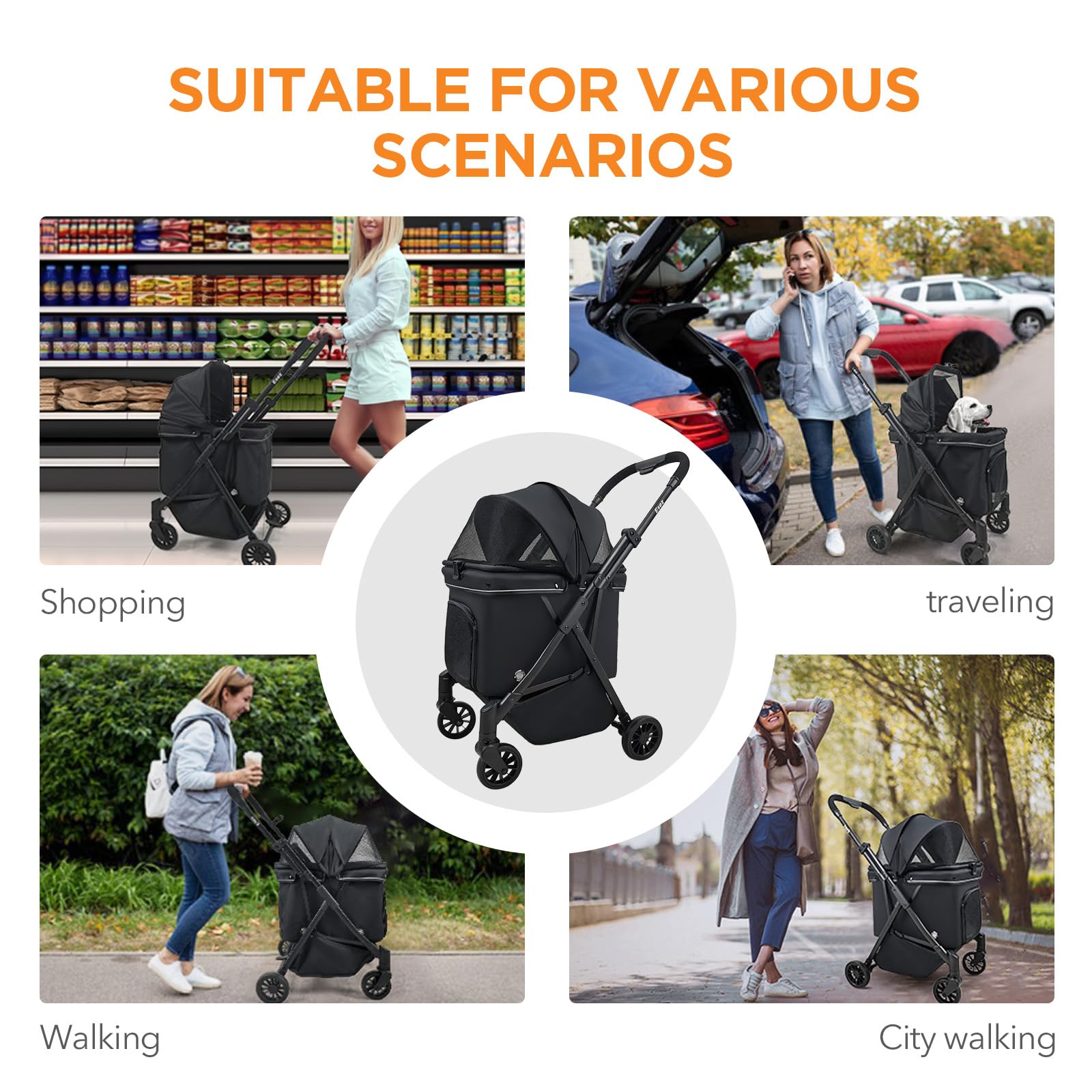 Esez Pet Stroller For Small Dogs - No-Zip Deep Seat, Lightweight Compact Dog Stroller For Small Dogs & Cats With Reflective Trim